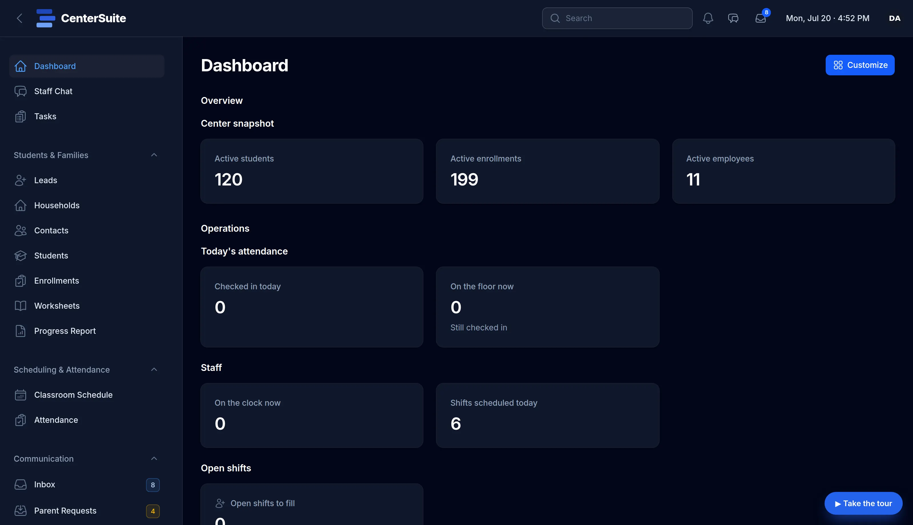 The same dashboard in dark mode.