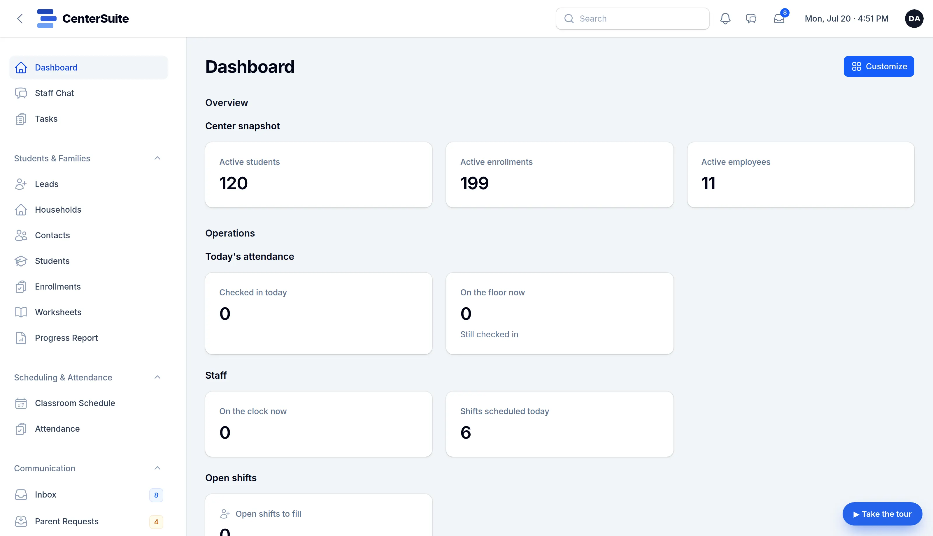 The dashboard in light mode: active students, enrollments and employees, today’s attendance and staff on the clock.