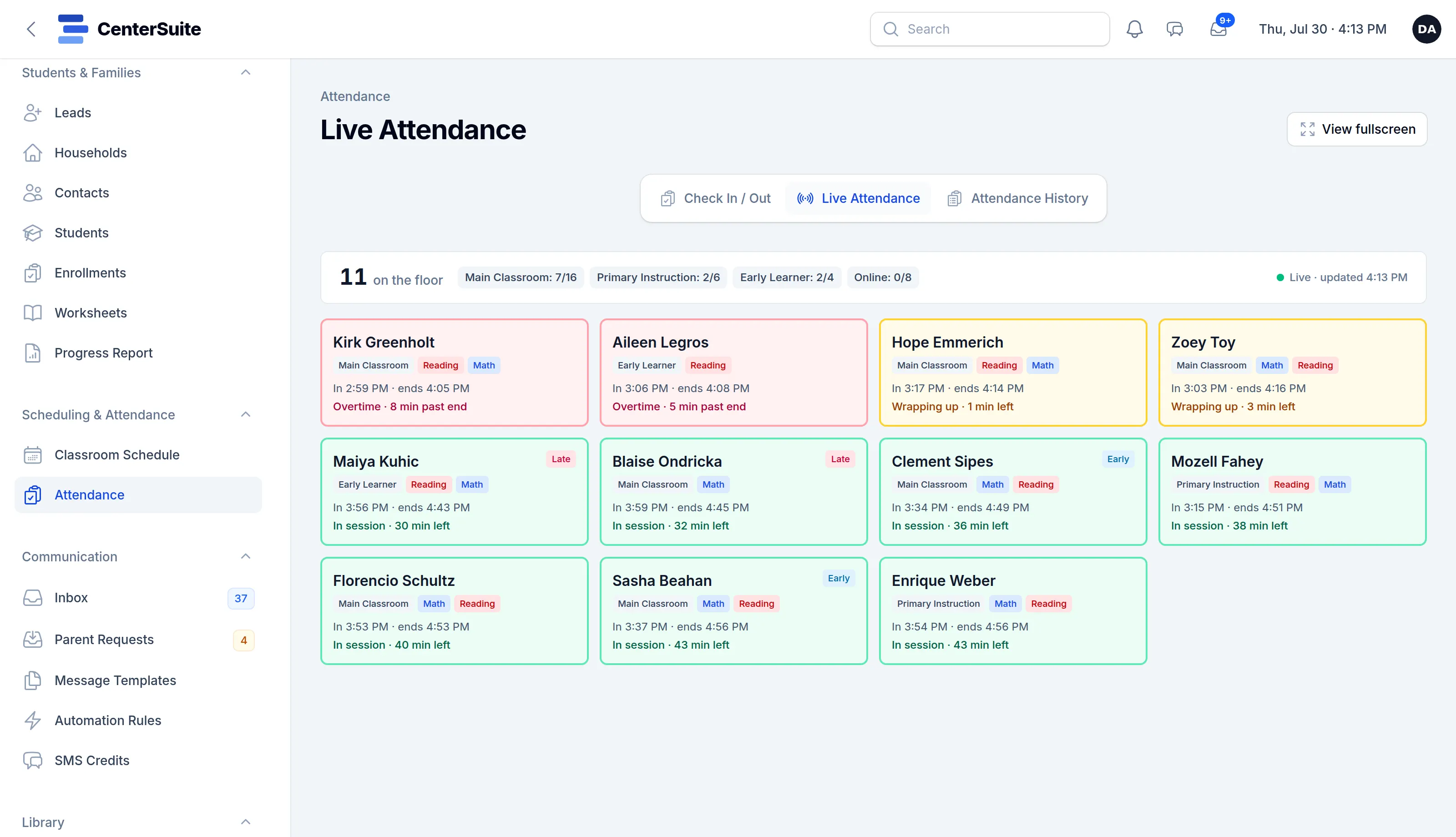 CenterSuite’s live attendance board: eleven students on the floor as cards, colored by whether they’re in session, wrapping up or running over.