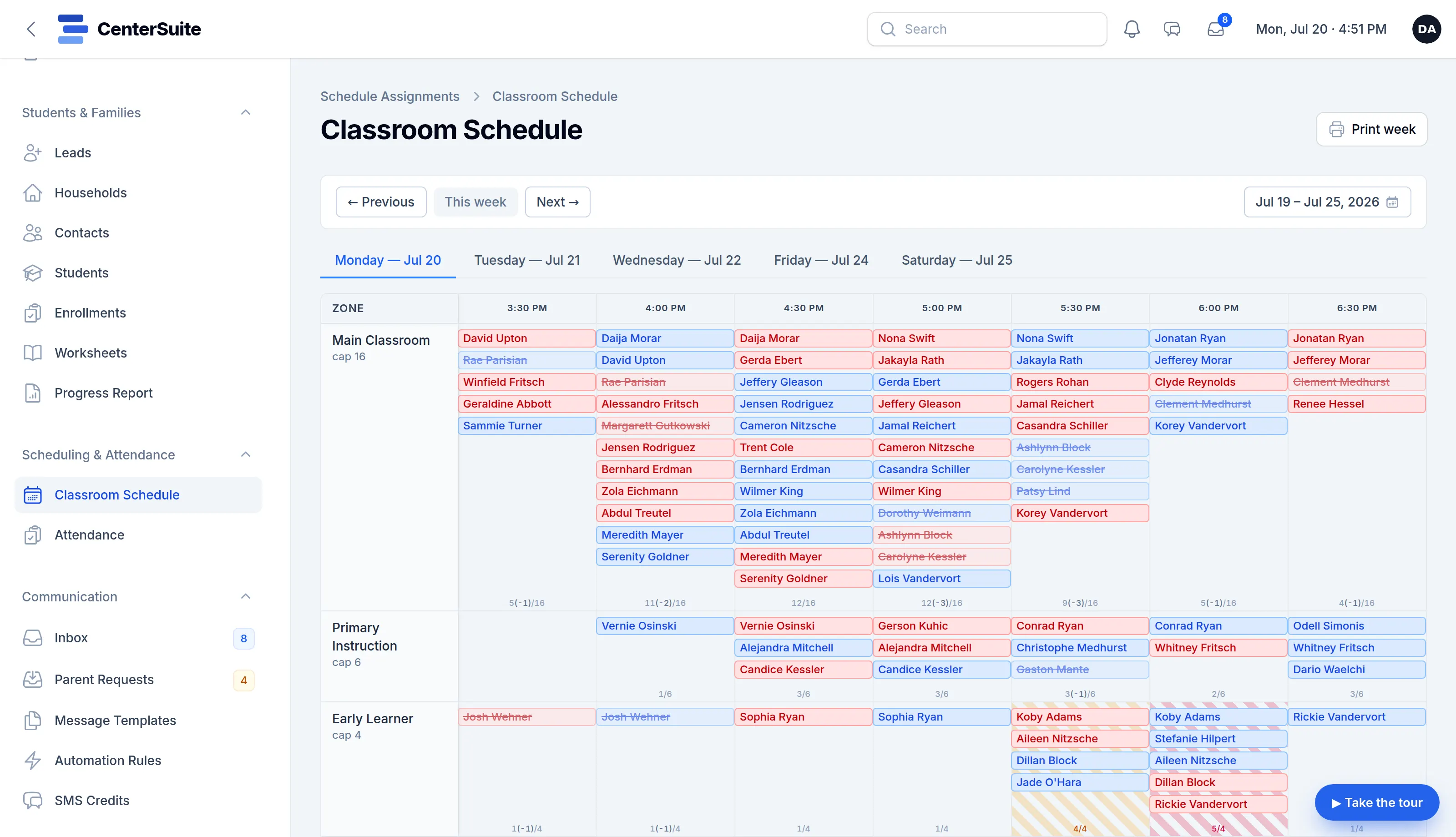 The classroom schedule for Monday: students in each half-hour slot of the main classroom, primary instruction and early learner zones, with counts against each zone’s cap.