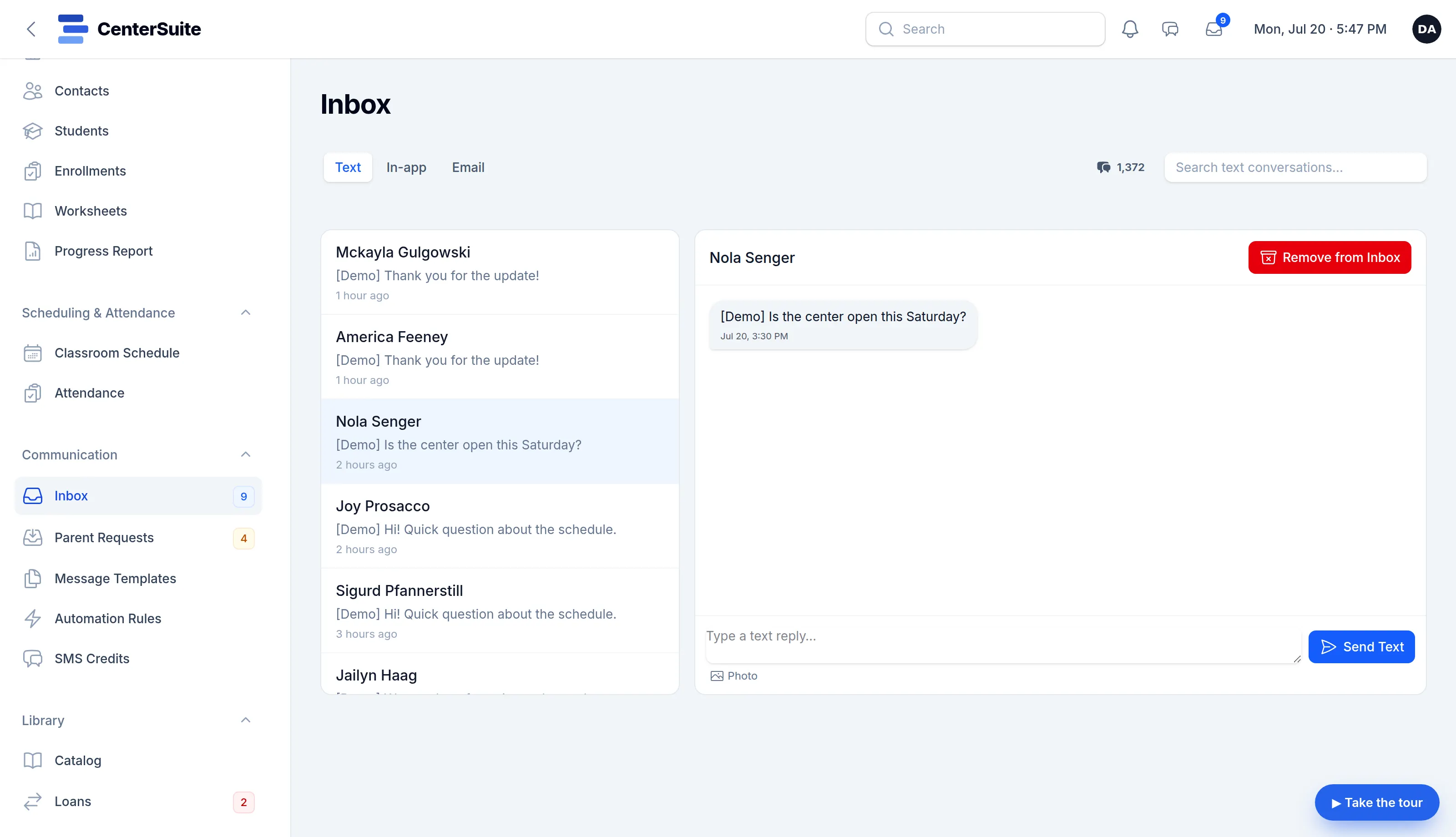 The inbox on the Text tab: a list of family conversations, one open asking whether the center is open on Saturday, with a reply box and a Send Text button.