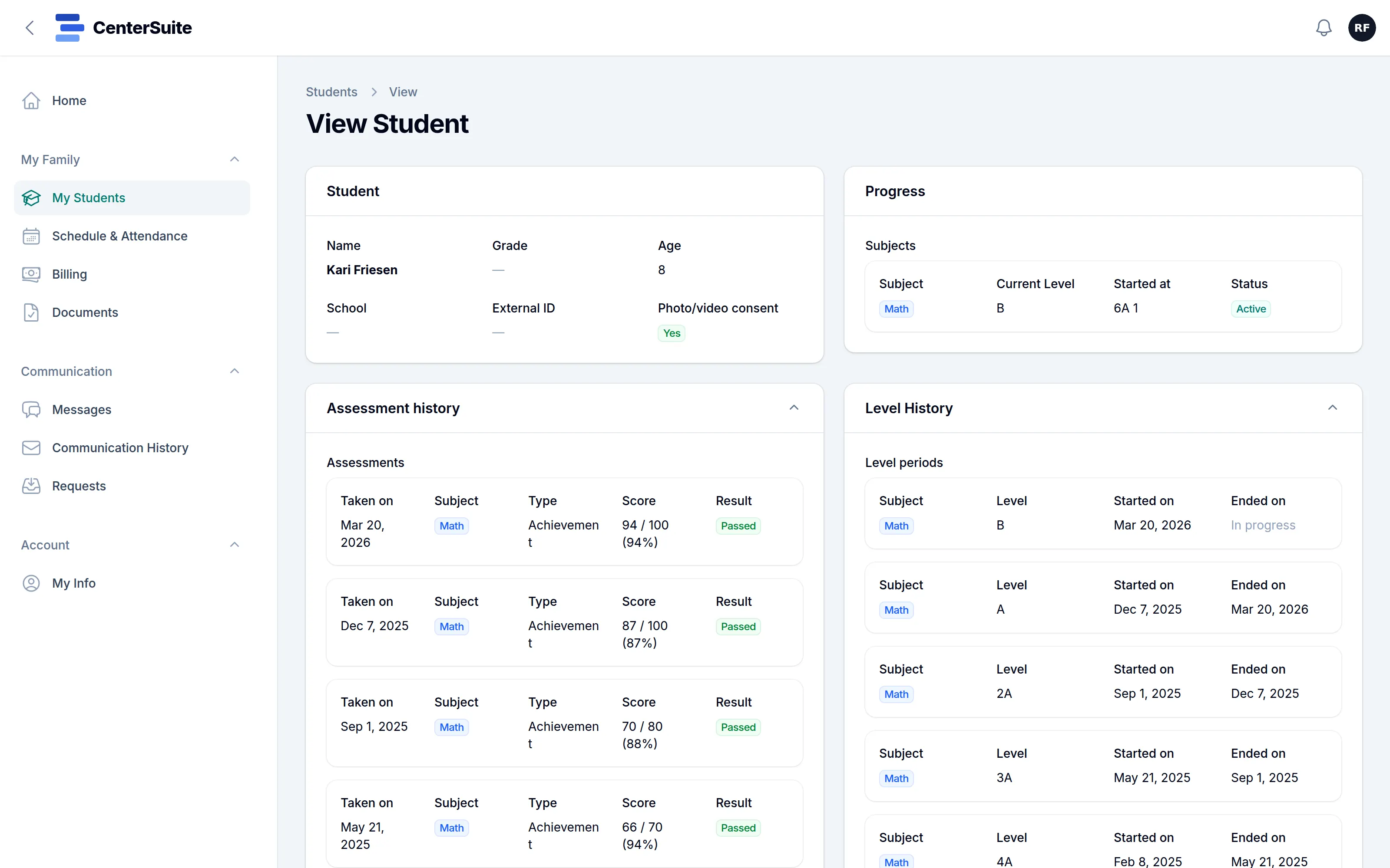 The parent portal’s student page: the child’s subjects and current level, assessment history with scores, and level history by date.