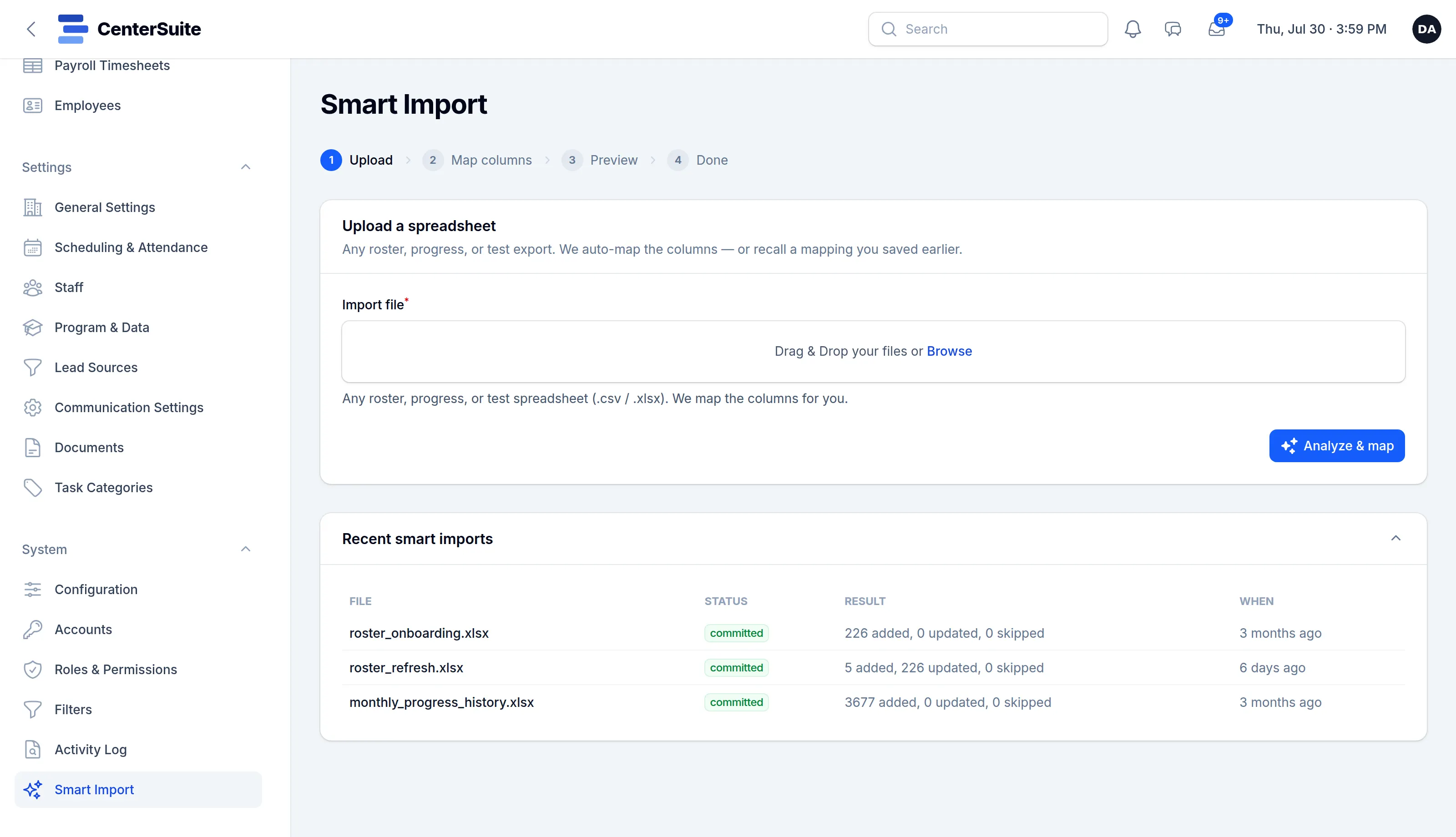 Smart Import: upload a roster, progress or test spreadsheet and the columns are mapped for you, with a list of recent imports and how many records each added.
