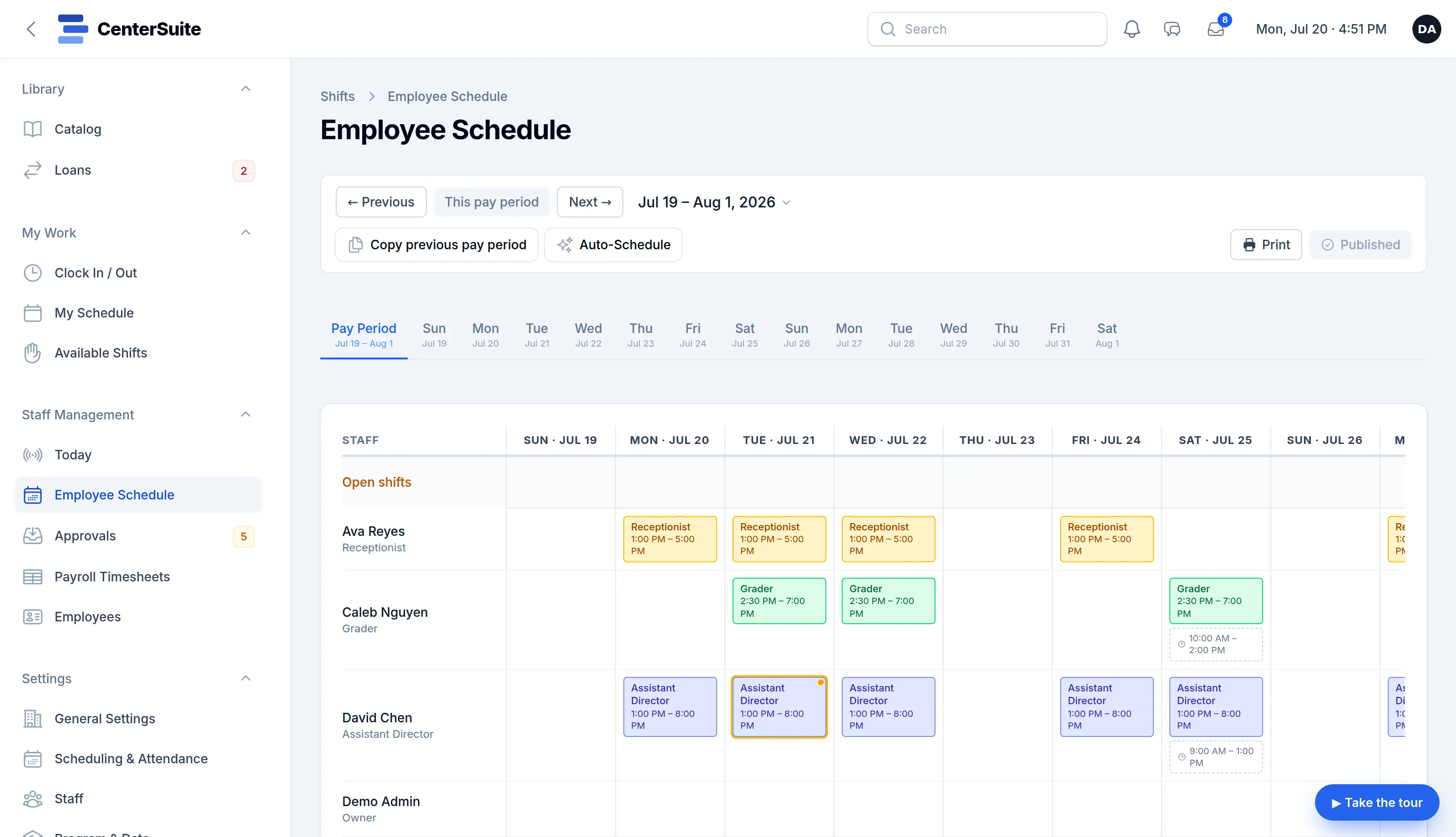 The employee schedule for a two-week pay period, with Copy previous pay period and Auto-Schedule buttons and each staff member’s shifts by day.