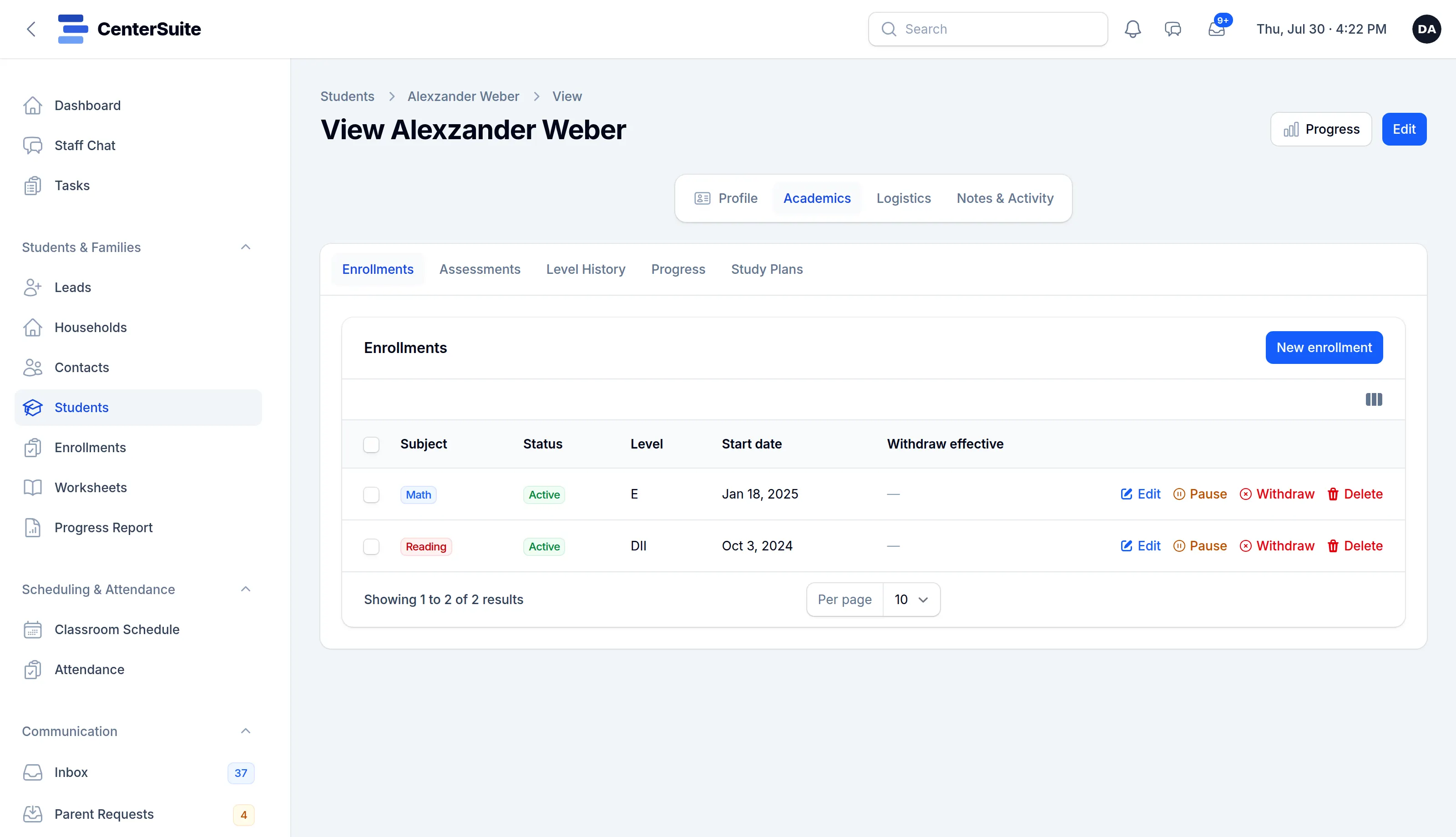 A student’s record on the Academics tab: active math and reading enrollments with level and start date, and tabs for assessments, level history, progress and study plans.