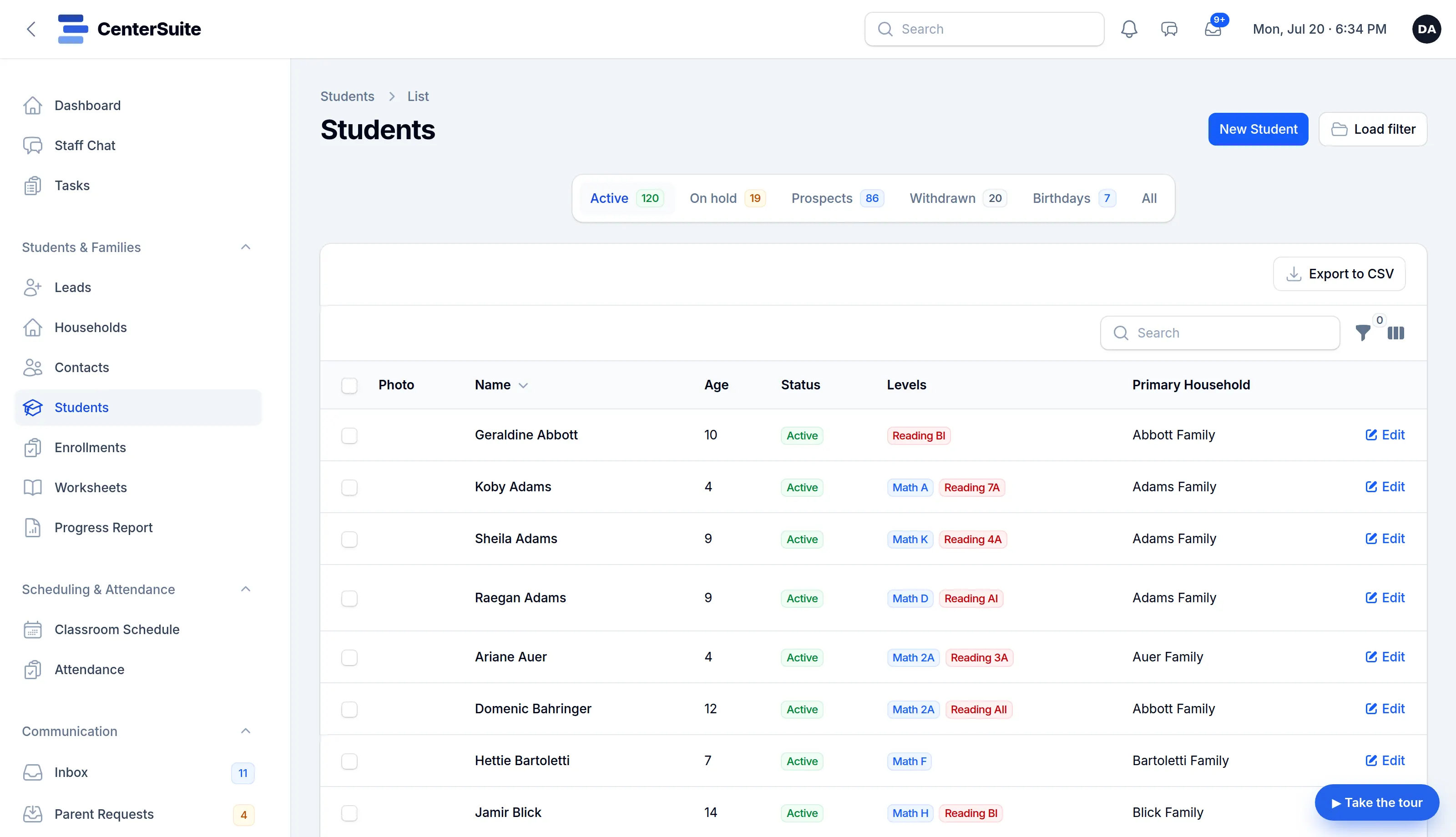 The students list: tabs for active, on hold, prospects, withdrawn and birthdays, and a table of students with age, status, math and reading levels and household.